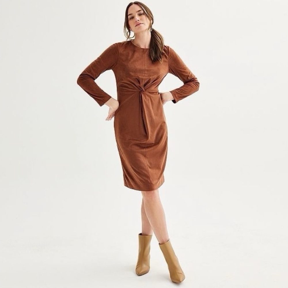Nicole Miller Faux Suede Twist Front Dress in Chocolate, NWOT, Women's 10